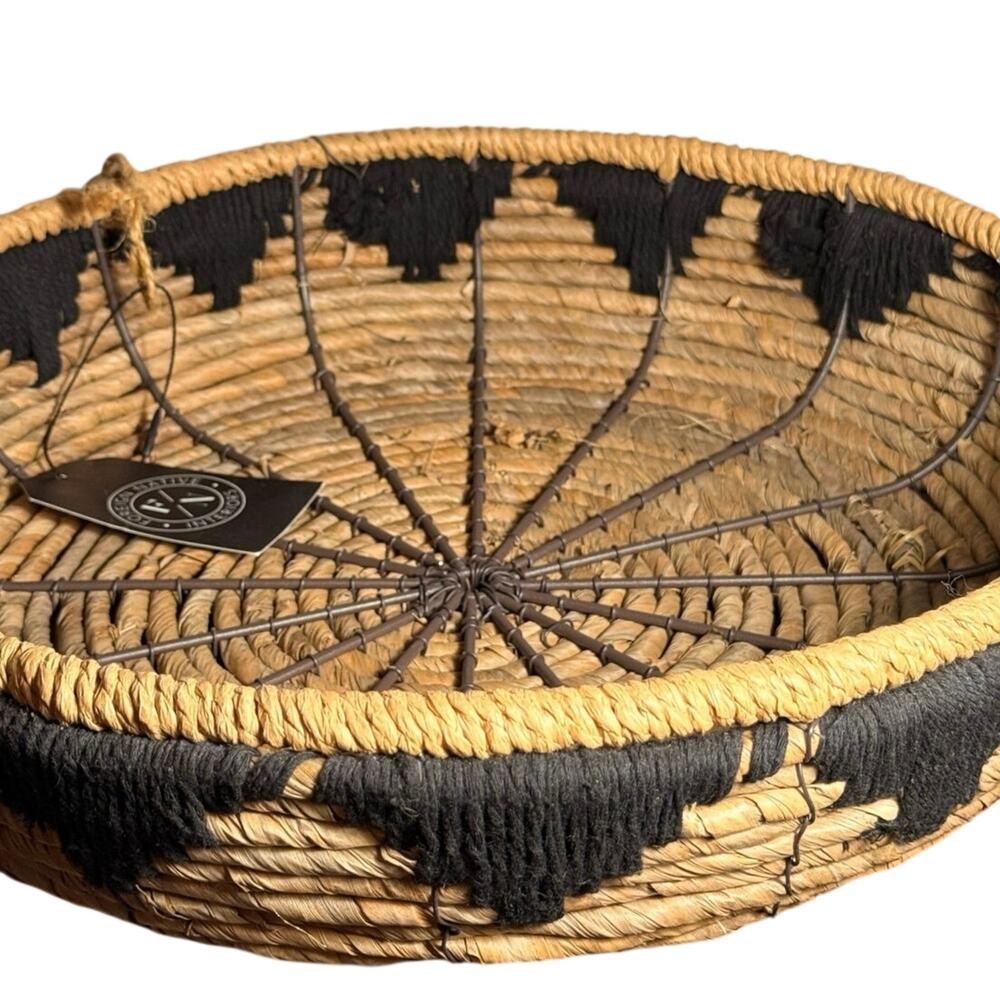 Foreign Native Interiors Boho Woven Basket Bowl Black Southwest Macrame Design